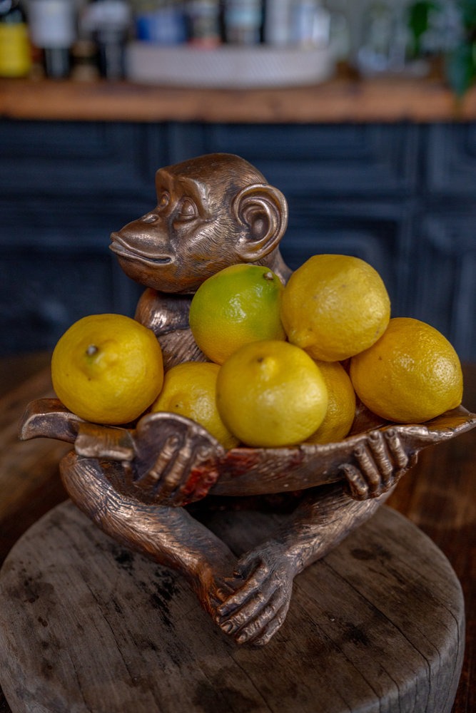Dekoration: En apa som håller citrusfrukter