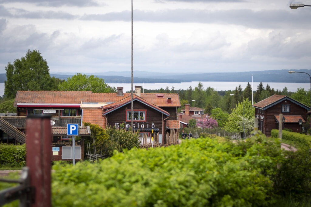En utsikt över trähus med röda tak och en sjö i bakgrunden, med gröna träd och buskar i förgrunden och fjäll i horisonten.
