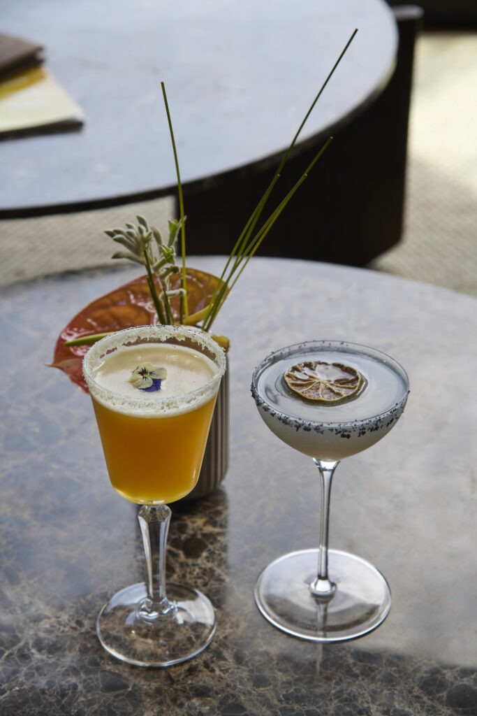 Två cocktails på ett marmorbord, en orange med blomsterdekoration och sockerkant samt en klar med torkad citrus och svart saltkant, med en vas med grönt i bakgrunden.