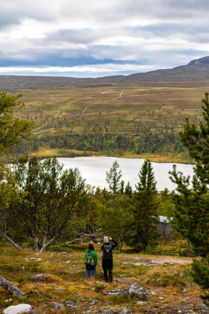 Två vandrare står på en höjd och tittar ut över en sjö omgiven av träd och fjällandskap under en molnig himmel.